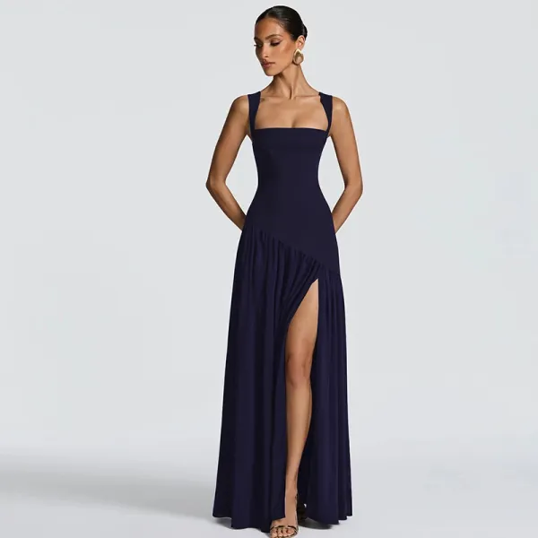 Design High-Neck Slit Gown Navy Formal Dress - 13