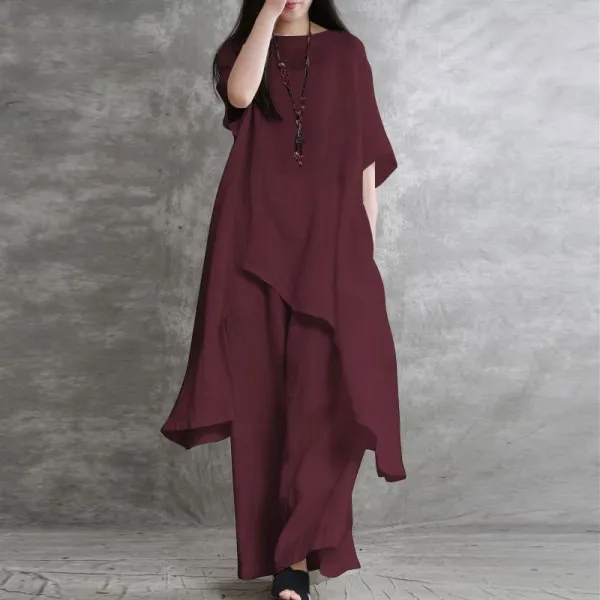 Design Loose Linen Tunic and Wide-Leg Pants Set White - 7