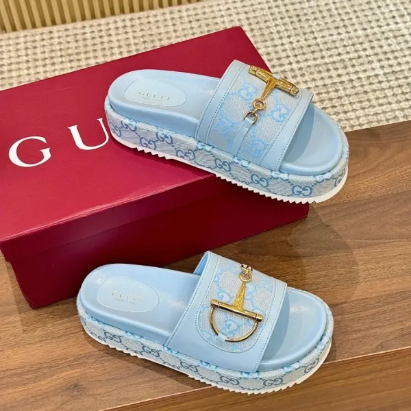 Gucci Horsebit Slide Sandals Light Blue GG Monogram Platform Slippers - 1