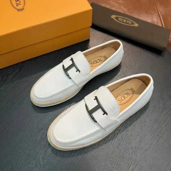 Tod's Gommino Loafers White Leather with T-Bar Buckle Casual Shoes - 1