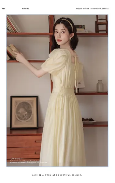 Design Yellow Puff-Sleeve Square-Neck Midi Dress - 15
