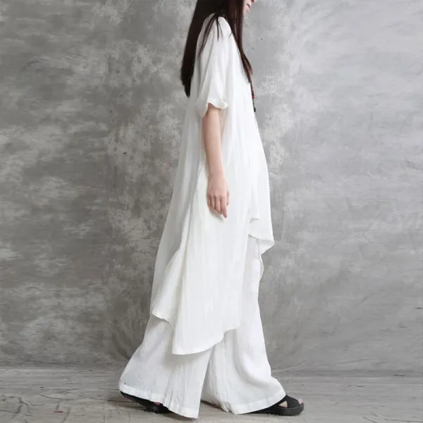 Design Loose Linen Tunic and Wide-Leg Pants Set White - 13
