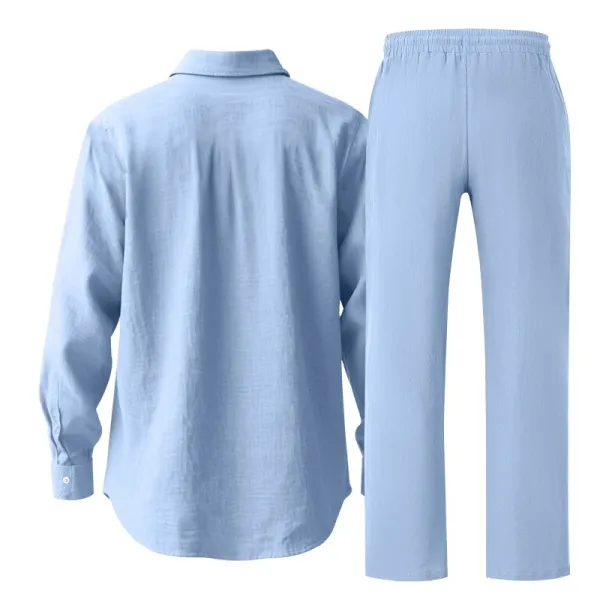 Design Linen Shirt and Drawstring Pants Set White Casual Set - 44