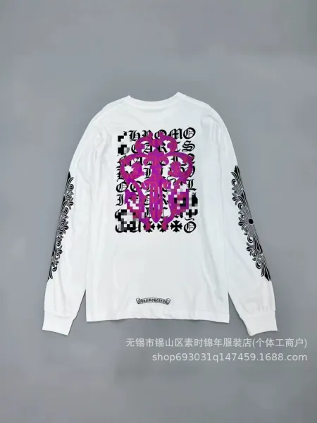 Chrome Hearts Long Sleeve Tee Black with Pink Cross and Gothic Typography T-Shirts - 3