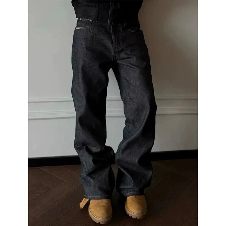 Dark Indigo Denim Jeans Black Raw Hem Straight Fit