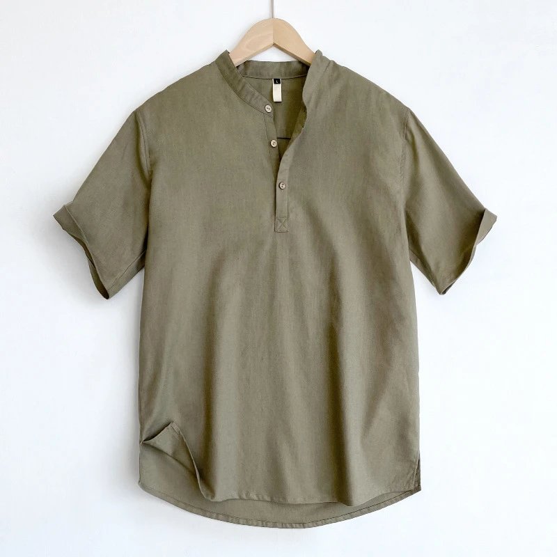 Linen Short Sleeve Beige Mandarin Collar Shirt