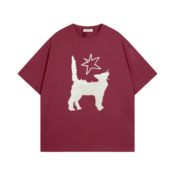 Design NTVG Cat and Star Embroidered Burgundy T-Shirt T-Shirts - 1
