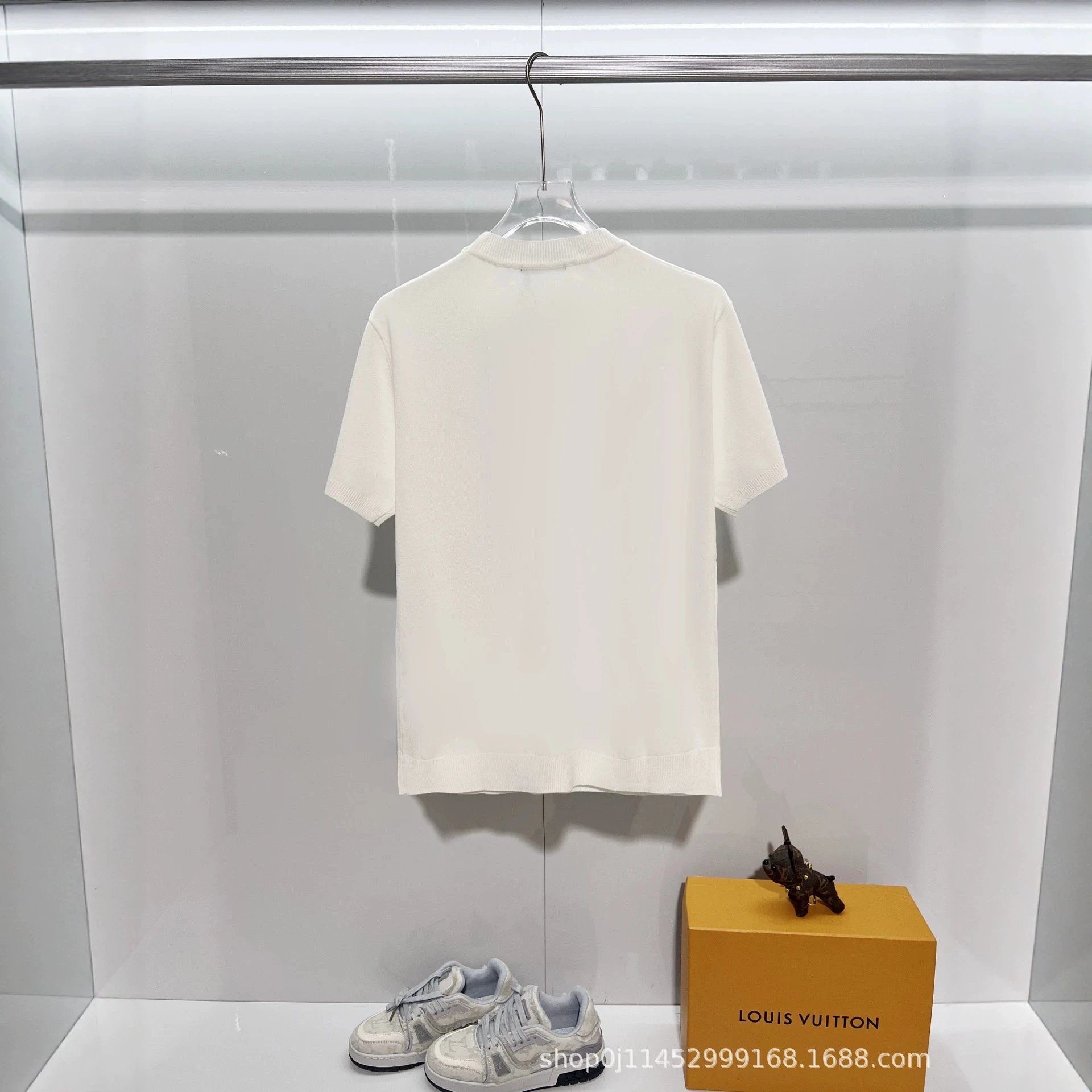 Prada Logo Embroidered White Knit Short Sleeve T-Shirt