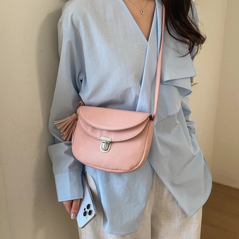 Leather Saddle Bag White Beige Black Pink Light Blue Minimalist Crossbody