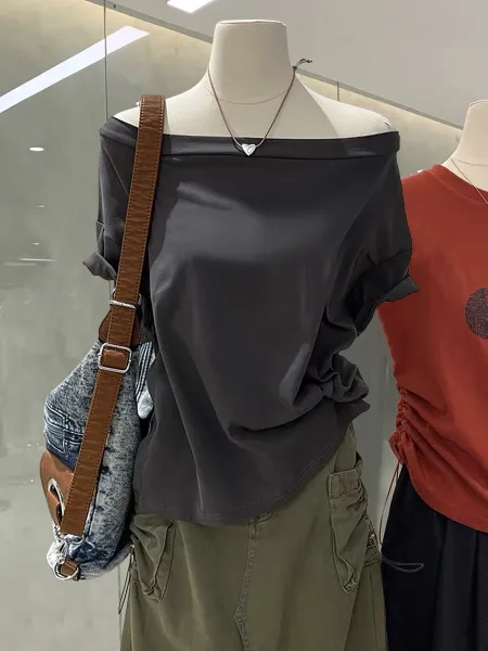 Design Off-Shoulder Draped Top Gray with Olive Cargo Pants - 1