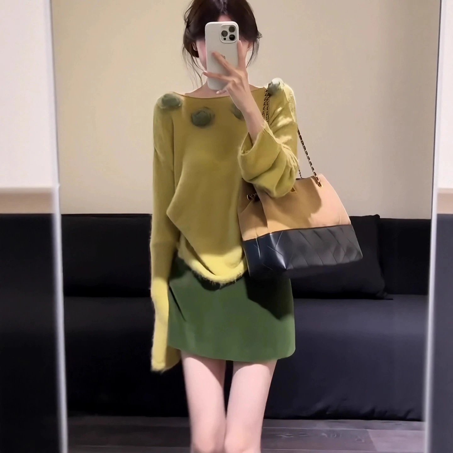 Design Knit Sweater with Pompom Details in Chartreuse and Olive Green Skirt Set - 13