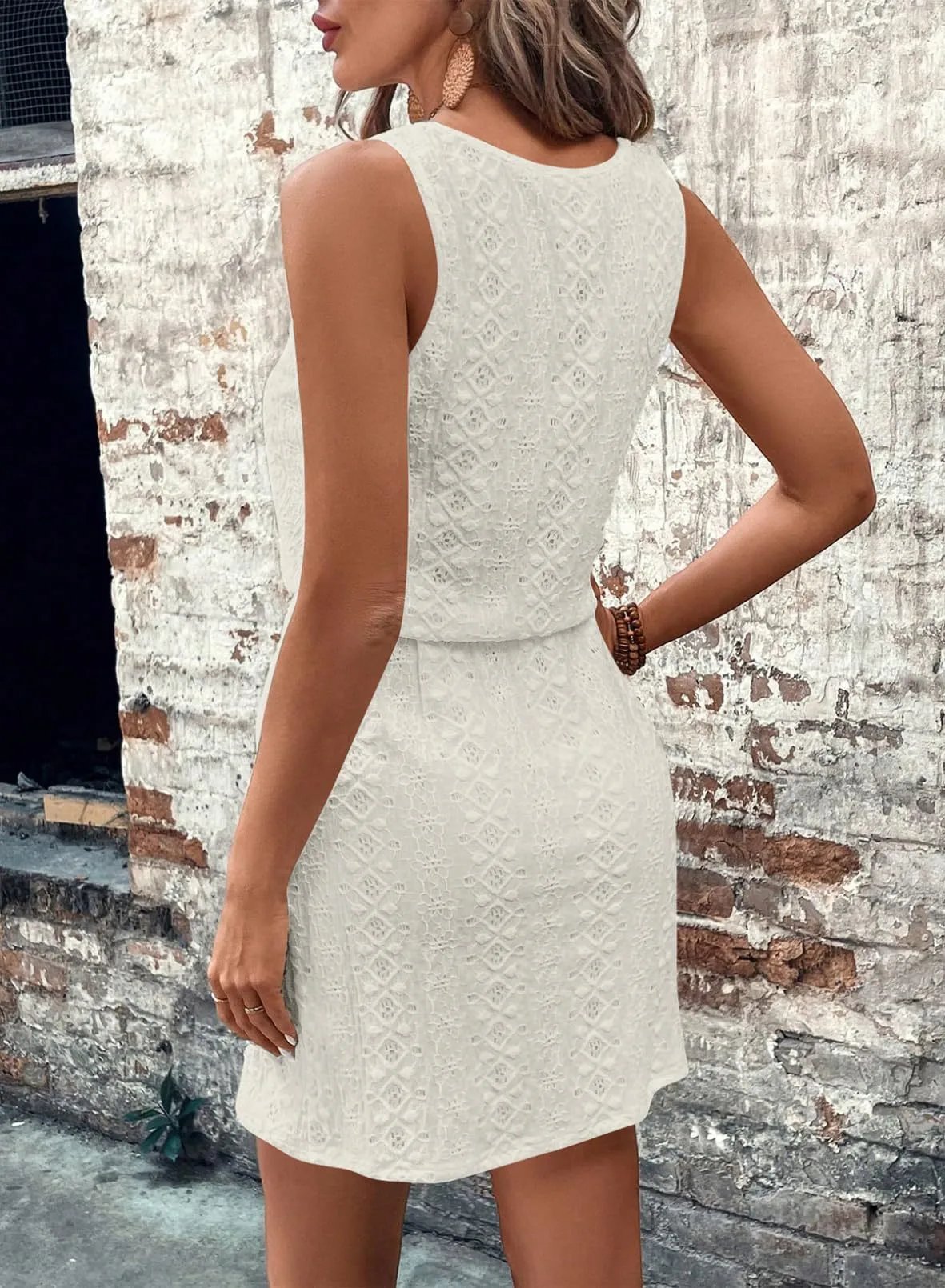 Design Lace Embroidered Sleeveless Mini Dress Beige - 11