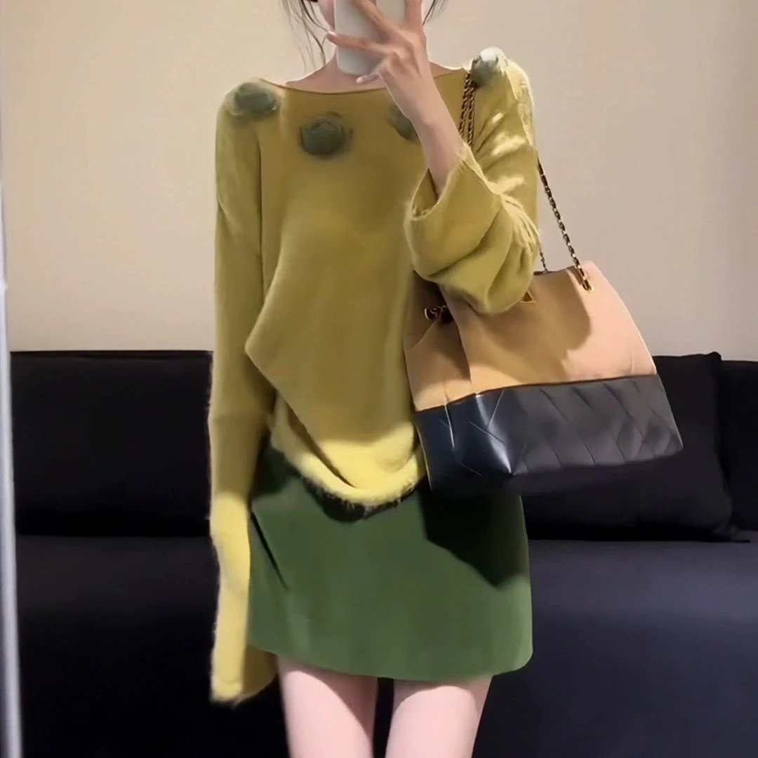 Design Knit Sweater with Pompom Details in Chartreuse and Olive Green Skirt Set - 15