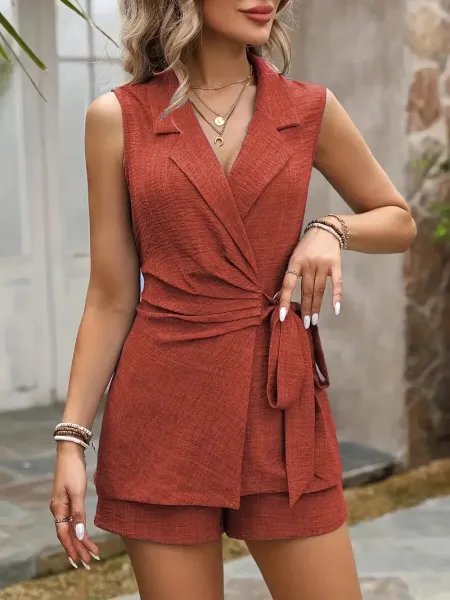 Design Wrap Front Sleeveless Blazer Set in Blue - 11