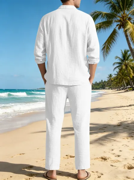 Design Linen Shirt and Drawstring Pants Set White Casual Set - 46