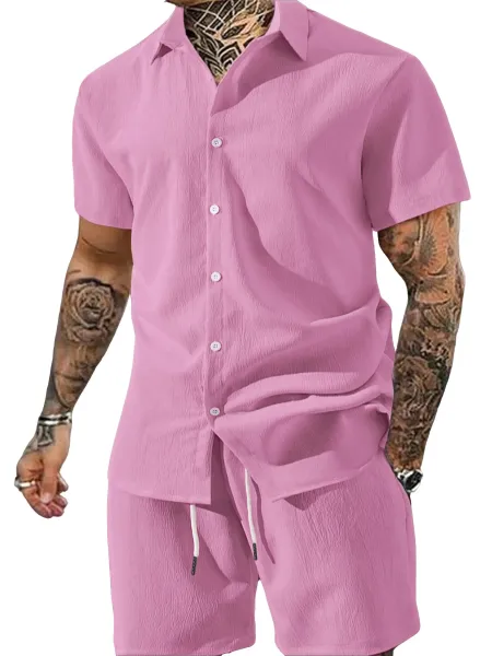 Design Lightweight Linen-Blend Shirt and Shorts Set Beige Casual Set - 9
