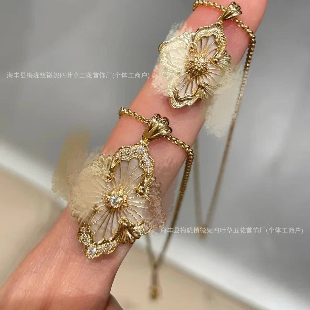 Gold Flower Pendant Necklace Green Enamel Symmetrical Design