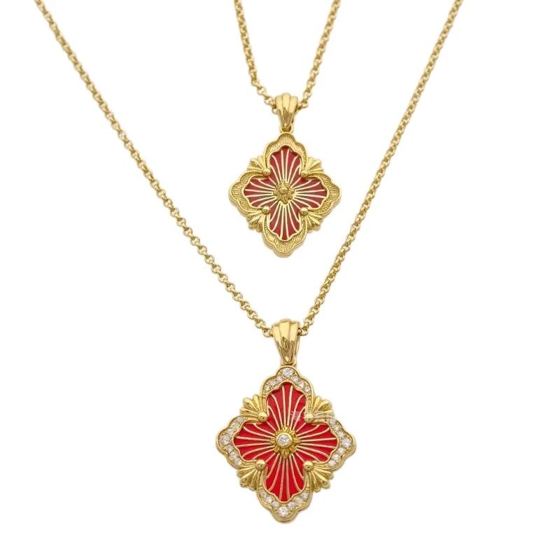 Gold Flower Pendant Necklace Green Enamel Symmetrical Design