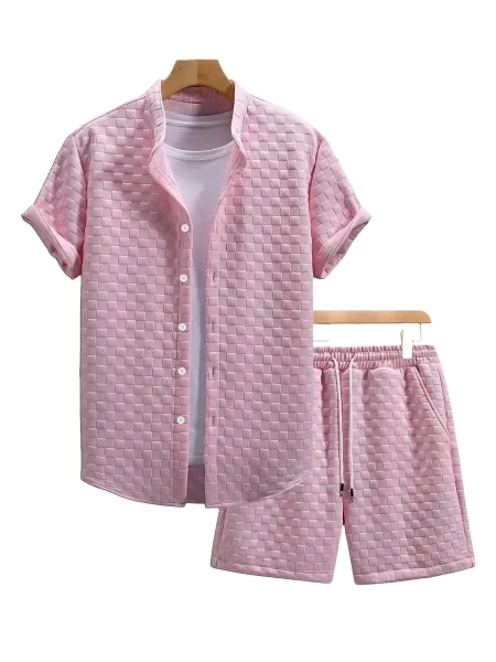 Design Woven Texture Short-Sleeve Shirt and Shorts Set Gray - 6