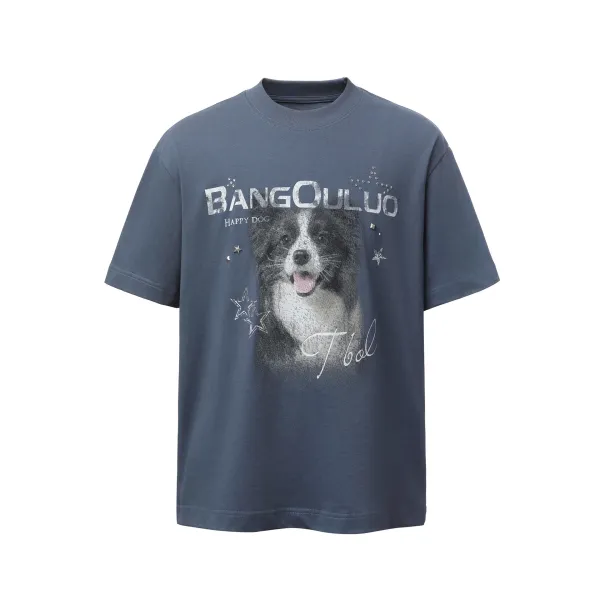 Design BANGOULUO Happy Dog Graphic Print Navy T-Shirt T-Shirts - 6