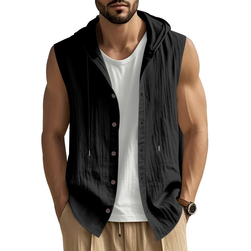 Linen Hooded Sleeveless Shirt Beige Casual Vest