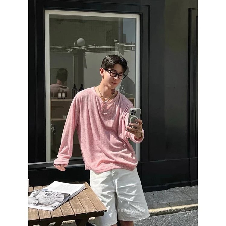 Pink Ribbed Henley Long Sleeve Top Light Pink Casual