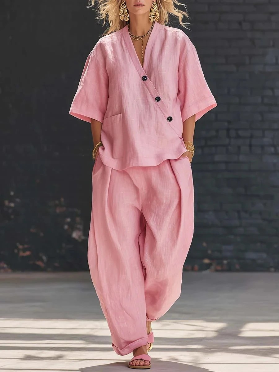 Design Lime Green Linen Wrap Top and Harem Pants Set Sets - 3