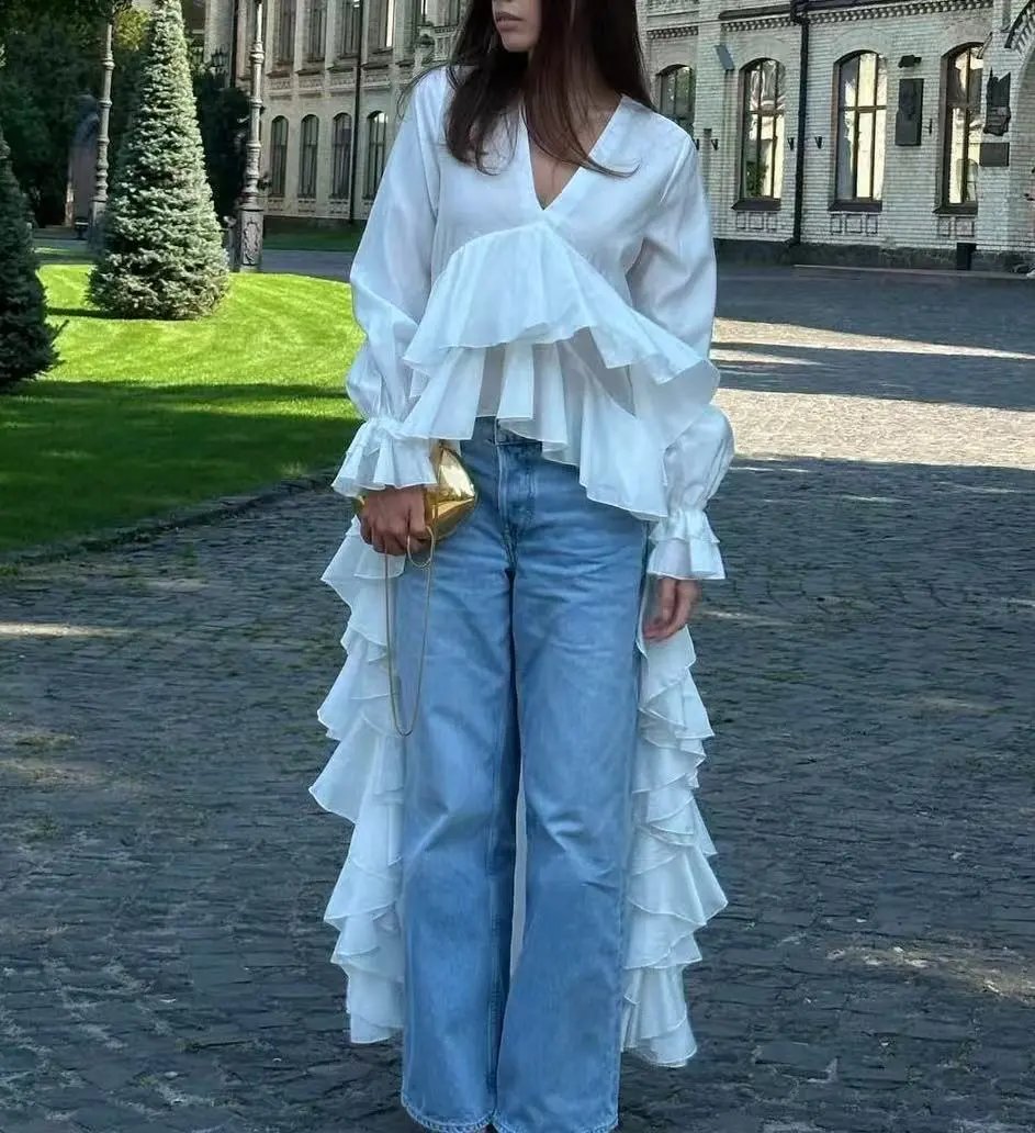 Design Ruffled Asymmetrical Hem Blouse White with Wide-Leg Jeans Tops - 9