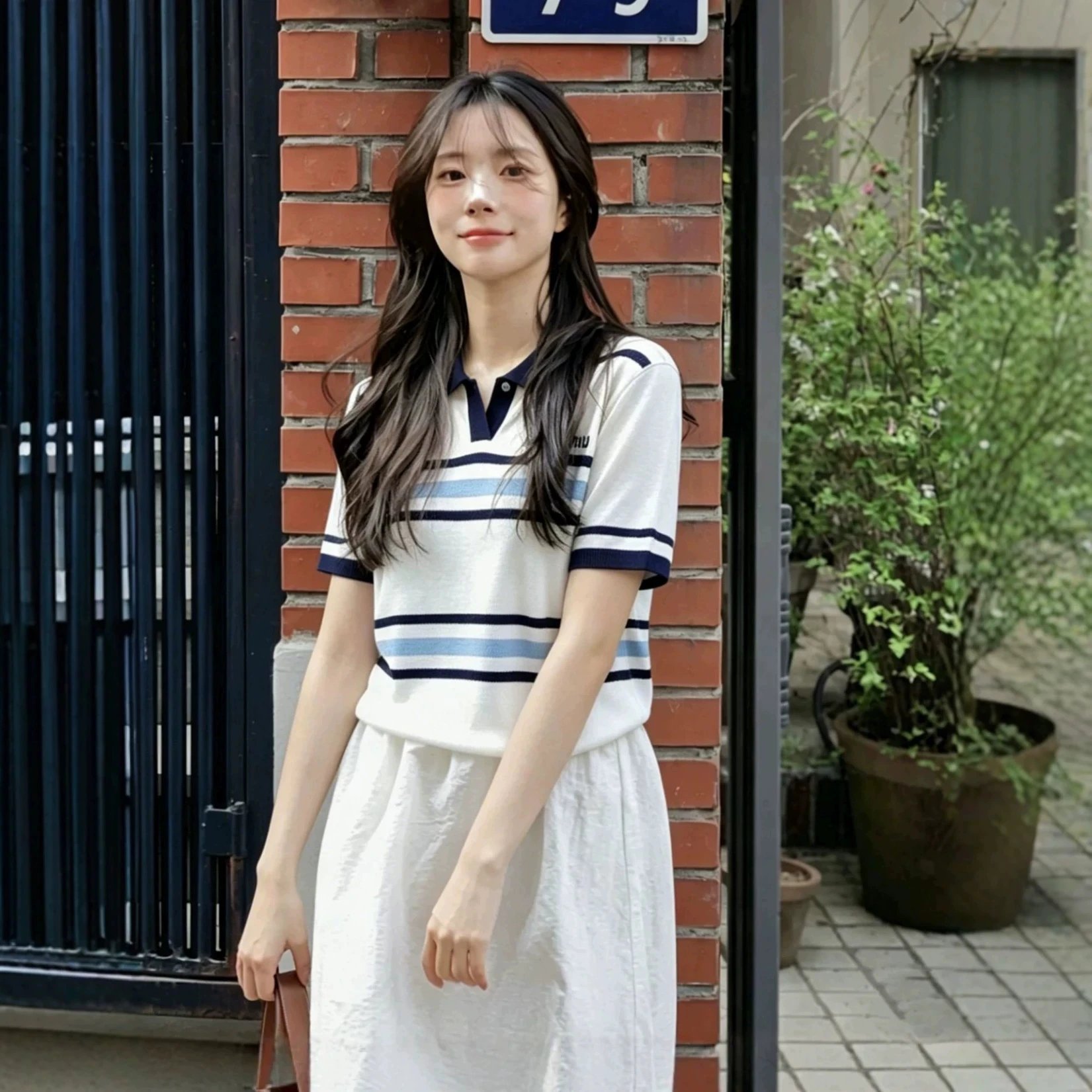 Miu Miu Knit Polo White Navy Blue Striped Preppy Top