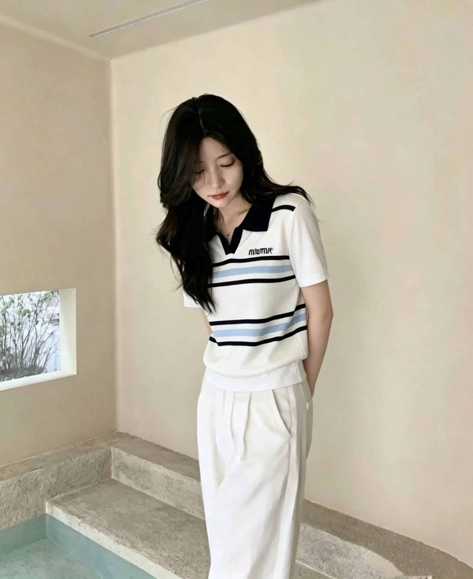 Miu Miu Striped Knit Polo Navy Blue Polo Shirt - 6