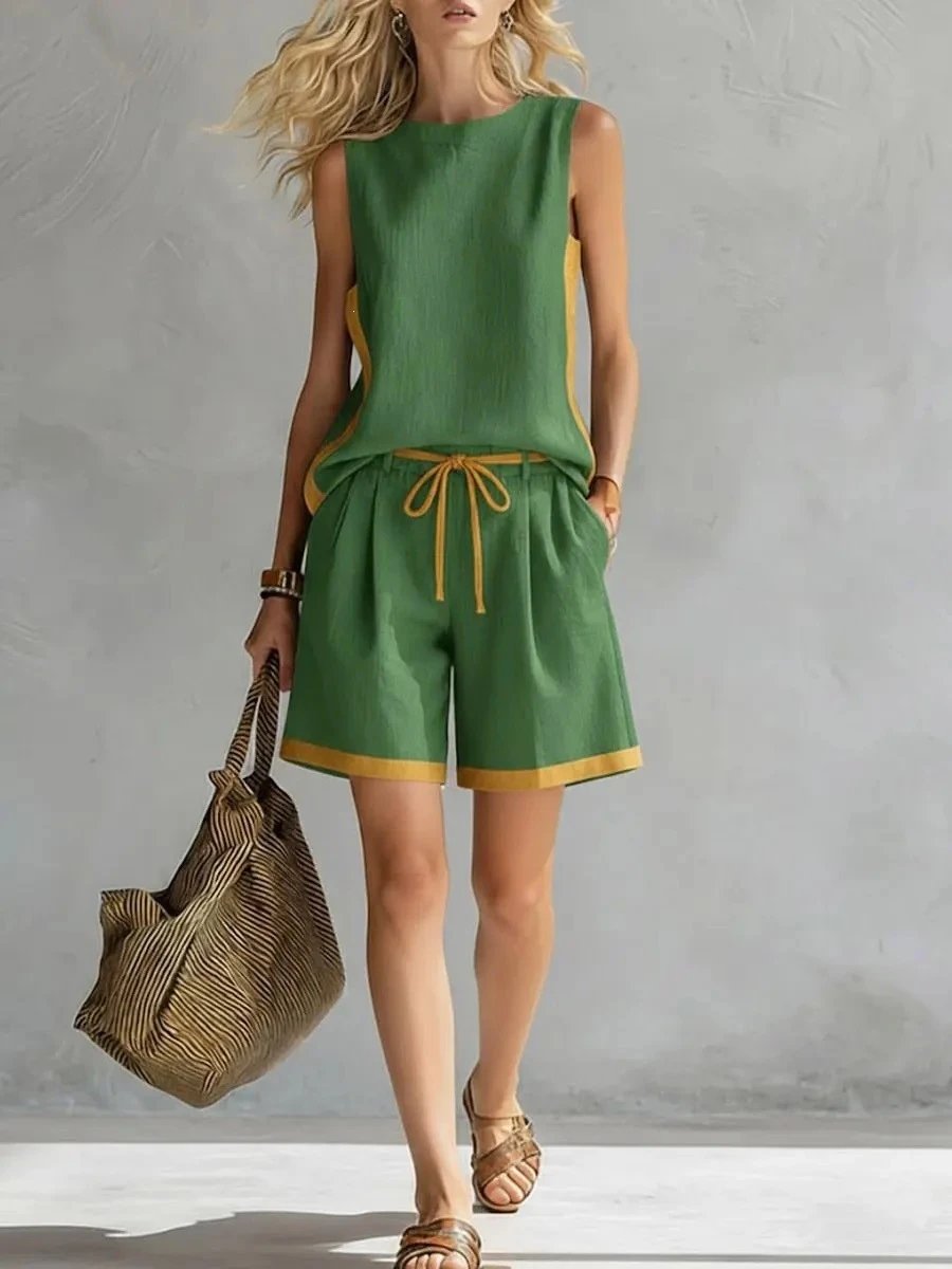 Design Two-Tone Green and Yellow Sleeveless Top and Shorts Set - 12