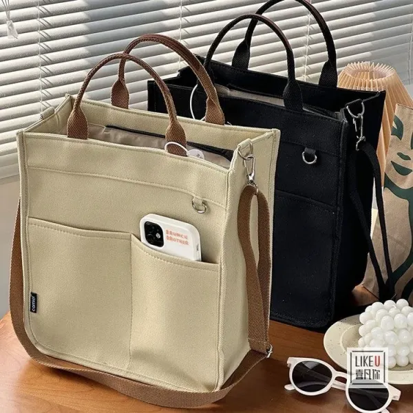 Design Canvas Tote Bag Beige with Brown Straps Handbag - 15