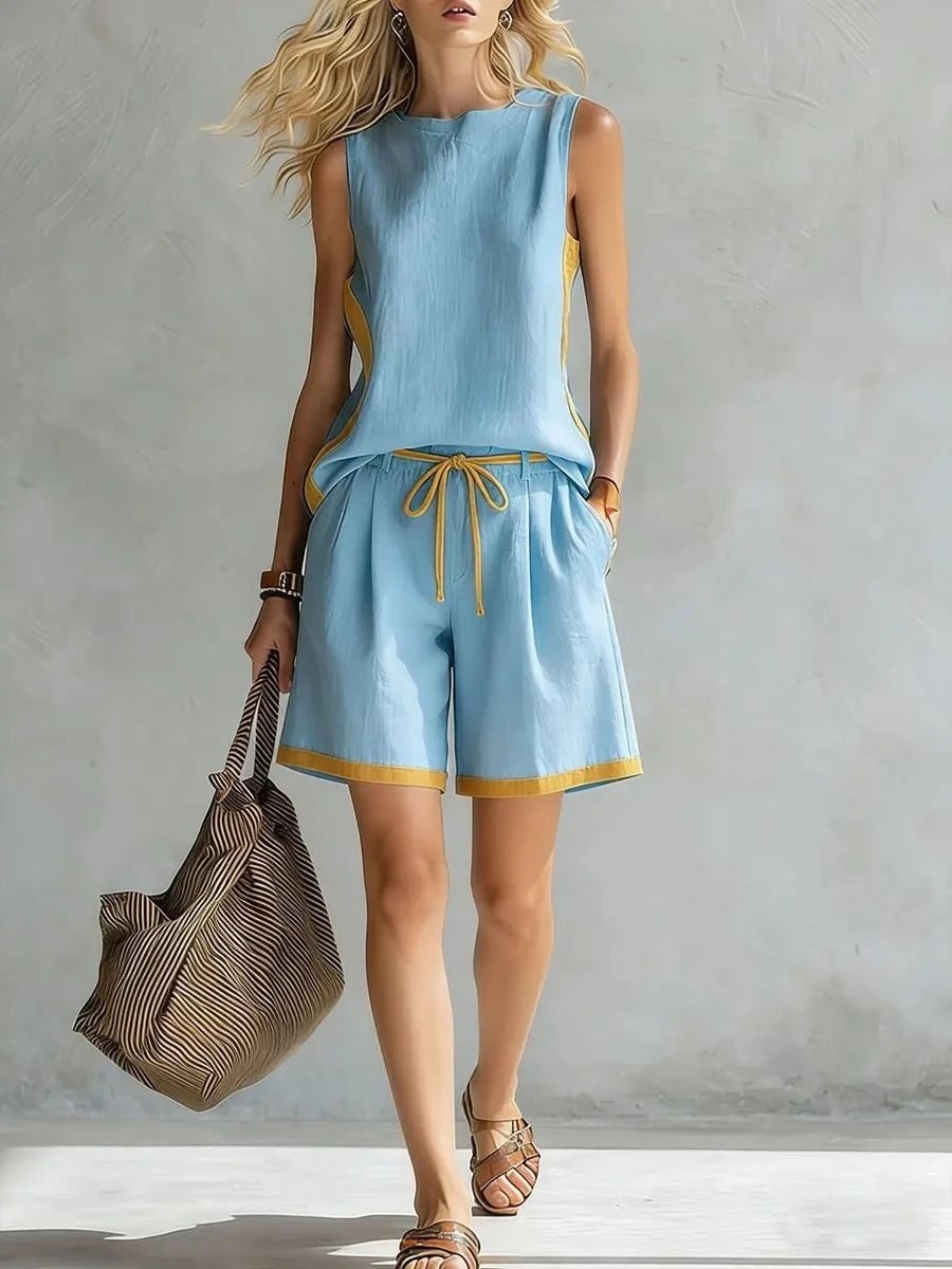 Design Two-Tone Green and Yellow Sleeveless Top and Shorts Set - 15