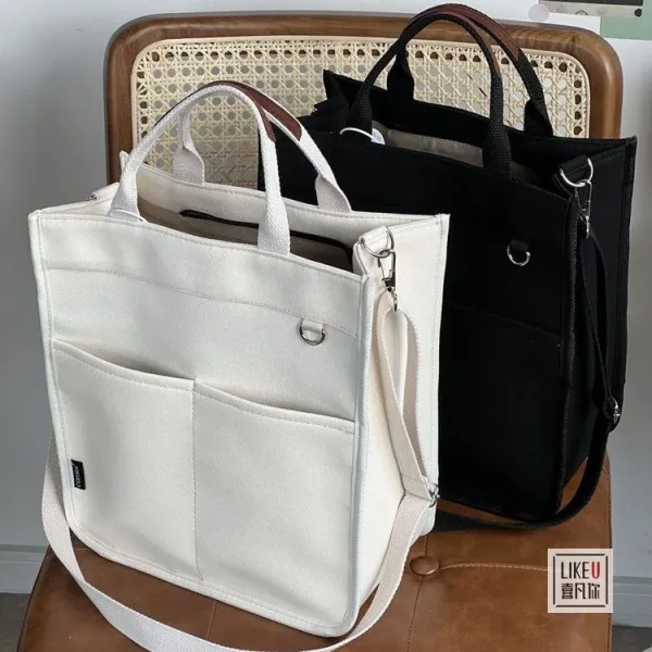 Design Canvas Tote Bag Beige with Brown Straps Handbag - 22