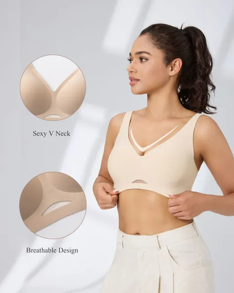 Design Seamless V-Neck Mesh-Panel Bralette Taupe Activewear - 5