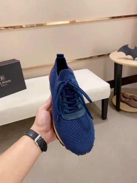 Balmain Knit Sneaker Navy Blue with Orange Heel Tab and Gum Sole - 3