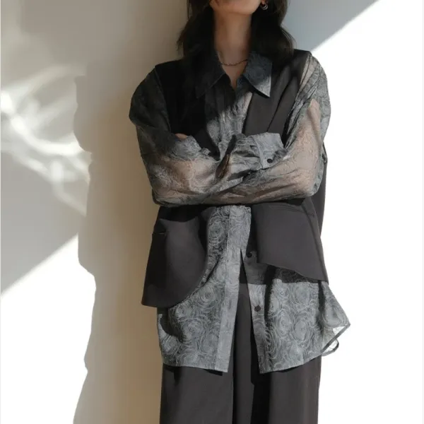 Design Sheer Floral-Print Oversized Shirt Black Tops Shirt - 8