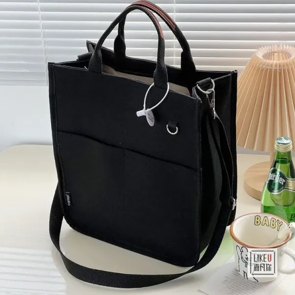 Design Canvas Tote Bag Beige with Brown Straps Handbag - 47