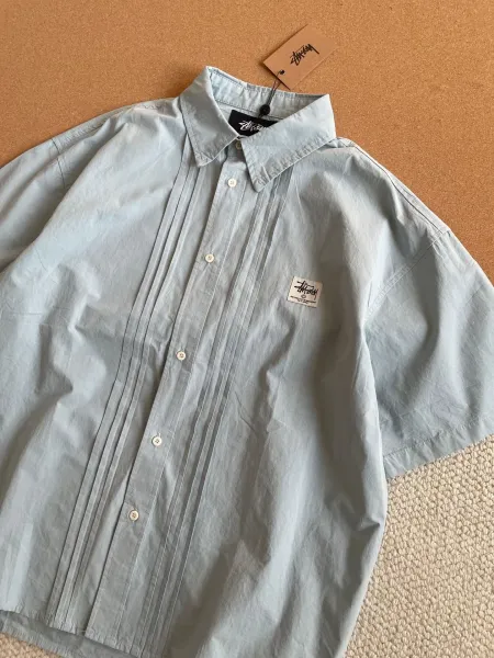 Stussy Pleated Short-Sleeve Shirt in Seafoam Green and White - 9