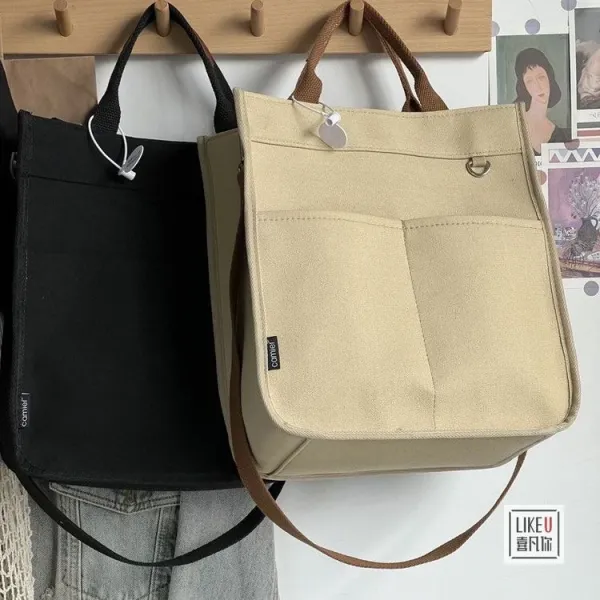 Design Canvas Tote Bag Beige with Brown Straps Handbag - 51
