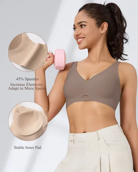 Design Seamless V-Neck Mesh-Panel Bralette Taupe Activewear - 7