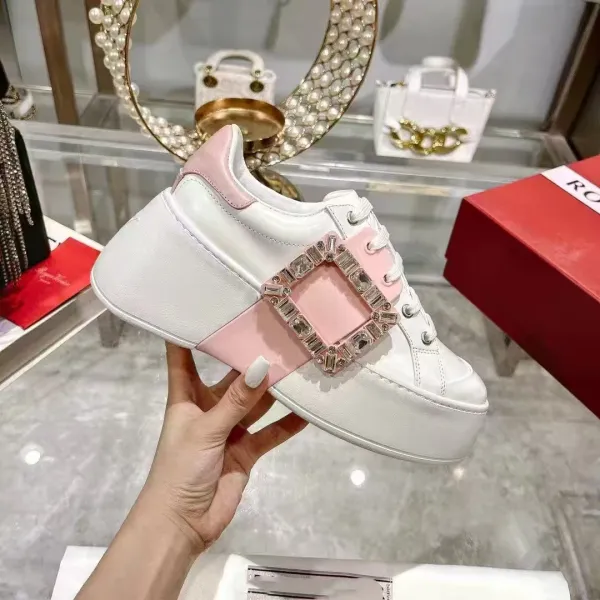 Roger Vivier Rockstud Spike Platform Sneakers White Pink Chunky Sneakers - 1
