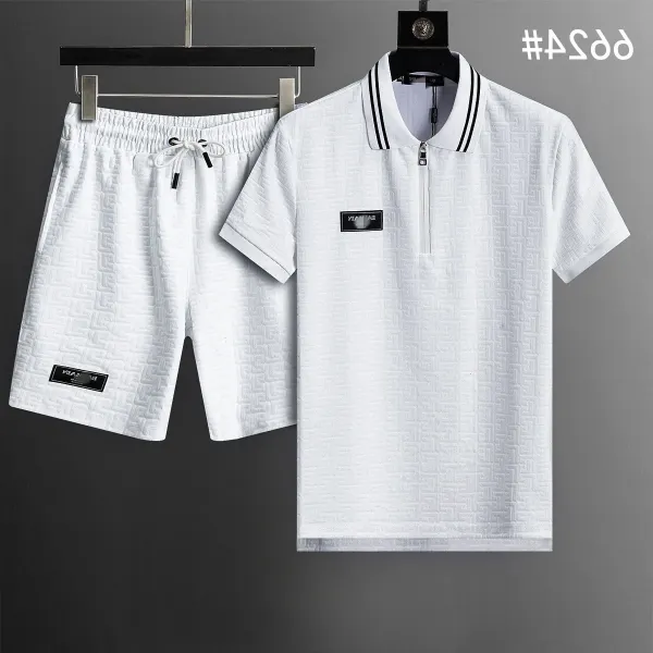 Design Geometric Pattern White Polo and Shorts Set - 1