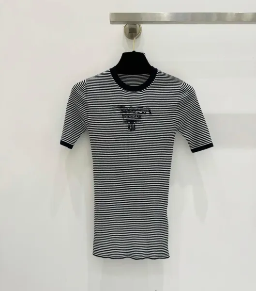 Prada Striped Ribbed Knit T-Shirt Black and White - 3