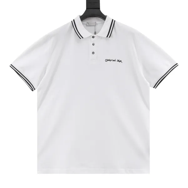 Dior Gray Piqué Polo with White Trim and Script Logo Tops Polo - 4