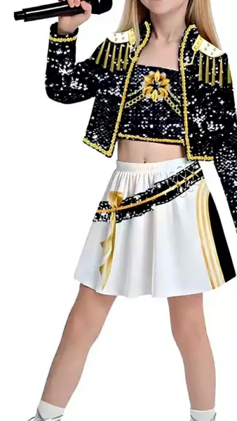 Design Starry Night Crop Top and Skirt Set Black White Gold - 4