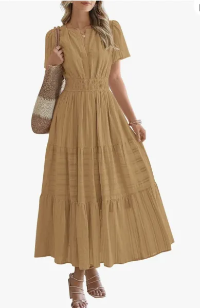 Design Tiered Ruffle Maxi Dress in Beige Dress Casual Dress - 1