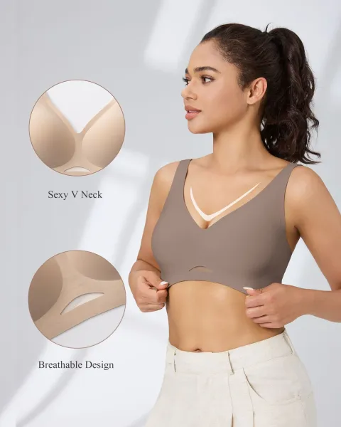 Design Seamless V-Neck Mesh-Panel Bralette Taupe Activewear - 16
