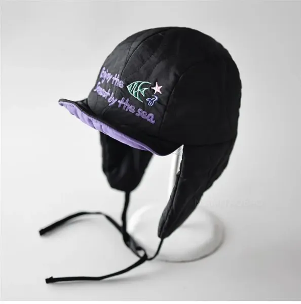 Design Quilted Fish Embroidery Bucket Hat Black Purple - 7