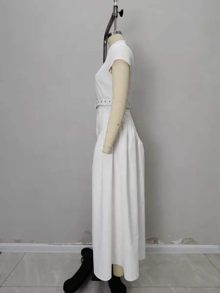 Bottega Veneta Shirt Dress in Off-White with Gold Buttons and Woven Clutch - 7
